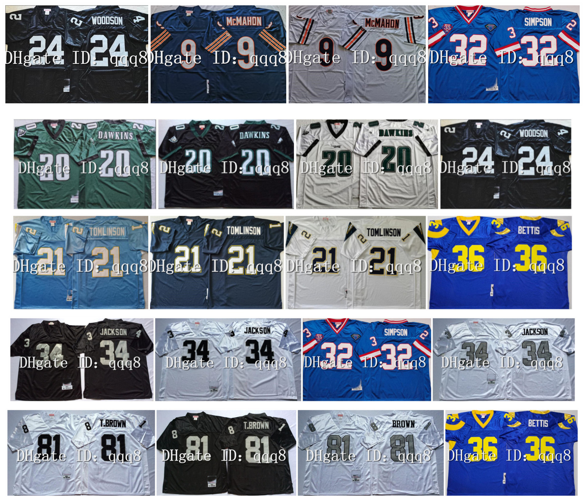 

Retro 20 Brian Dawkins Jerseys 21 LaDainian Tomlinson 34 Bo Jackson 81 Tim Brown 36 Jerome Bettis 32 OJ Simpson 9 Jim McMahon Blue Black White Green &N Football Jerseys, As pic
