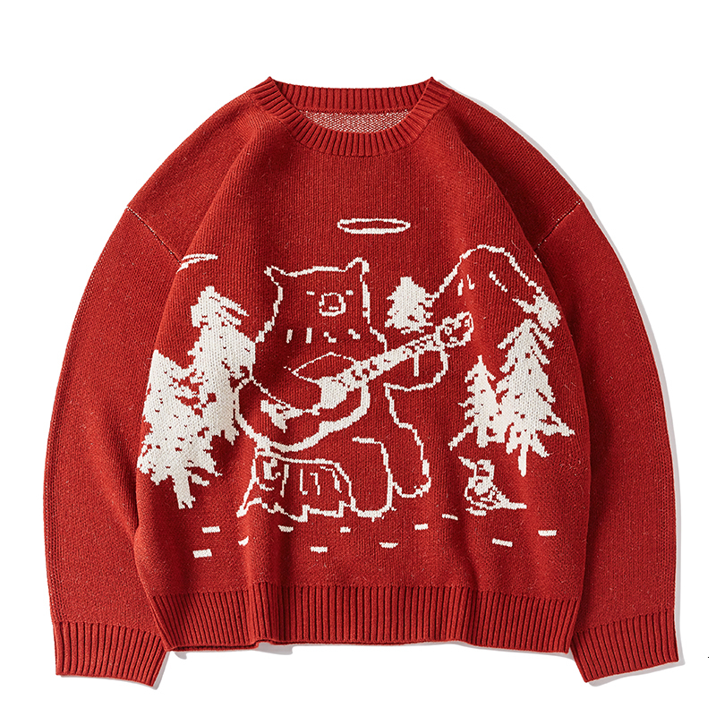 

2021 New Cartoon Teddy Bear Pattern Men Christmas Sweater Streetwear Pullovers Autumn Sweaters Man Women Harajuku Hip Hop Pullover Peh4, Red