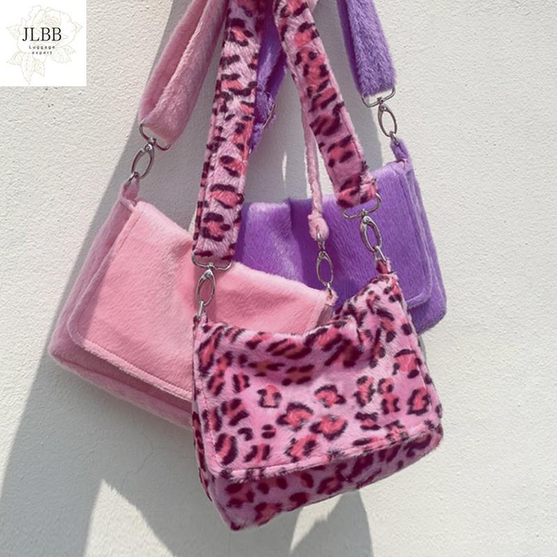 

Fashion Leopard Faux Fur Bag Women Shoulder Bags Vintage Cheetah Printed Crossbody Messenger Bag Female Animal Printing Purses, Black
