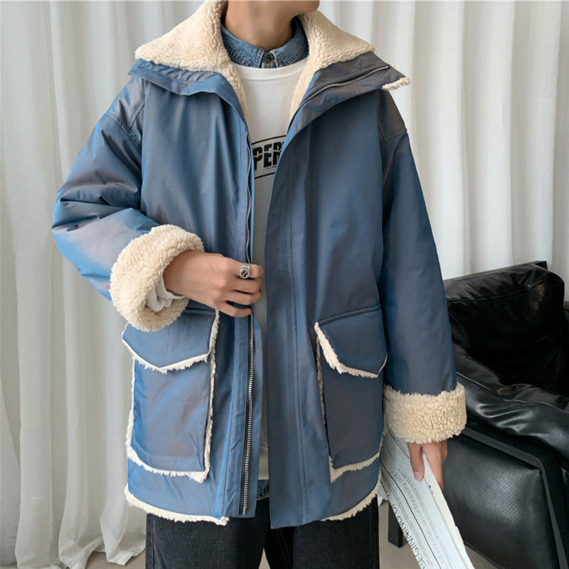 

2021 New Winter Lamb Fur Men's Parka Warm Fashion Casual Cotton Short Coat Men Streetwear Loose Thick Jacket Mens Clothes M-2xl Vz71, Blue