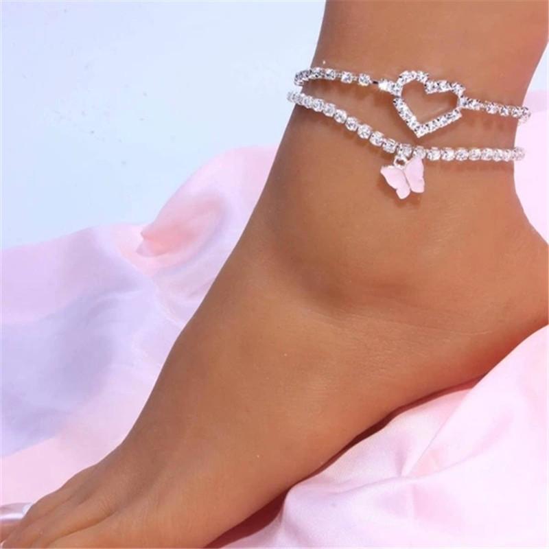 

Anklets Rhinestone Butterfly Love Heart Set Alloy Trendy Fashion Beach Wholesale Ankle Bracelet Jewellery, Red;blue