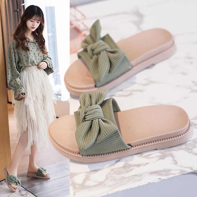 

Slippers Sandals For Women To Wear Summer Flat Bottomed Beach Shoes Anti Slip Bowknot Raised Thick, Green