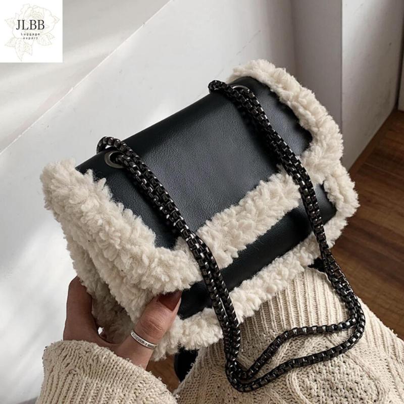 

Plush Crossbody Bags for Women 2021 Fashion Lambswool Chain Shoulder Messenger Bag Pu Leather Women's Designer Handbag Purse New, Black