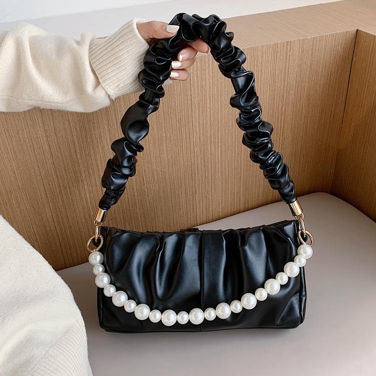 

Folds Designer PU Leather Crossbody Bag for Women 2021 Trending Brand Pearls Shoulder bags Handbags Female Travel Cross Body Bag, Black