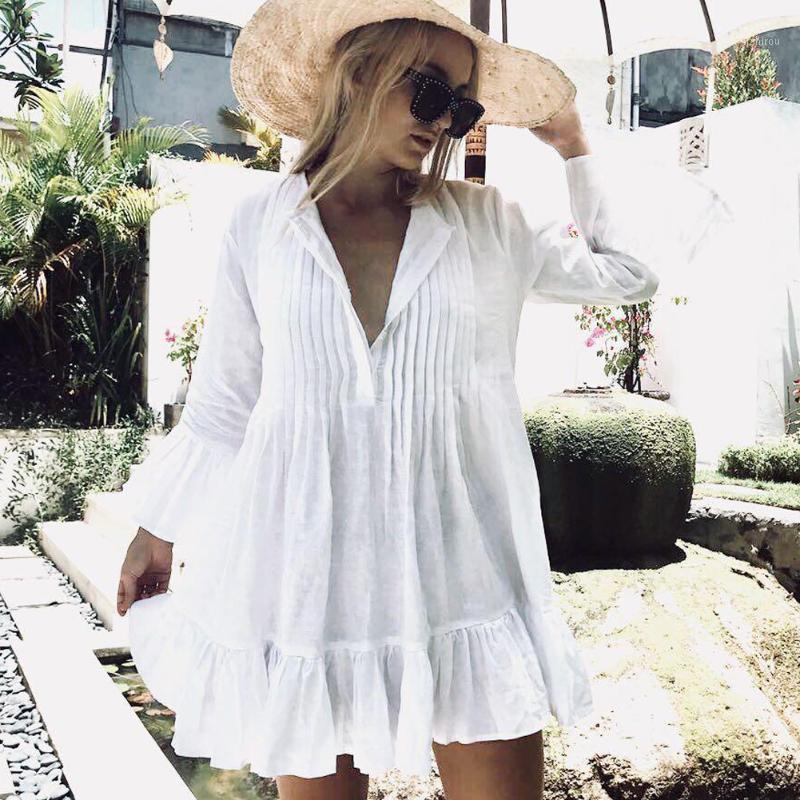 

Fashion Women Swimwear Summer Beach Cover Up Casual Lace Dress Wear V Neck Shirt Dresses Women's, White