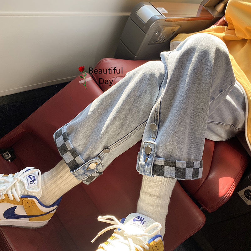 

2021 plaid men's fashion casual retro wide-leg jeans men streetwear hip-hop straight-leg denim trousers mens s-2xl lb0b, Blue