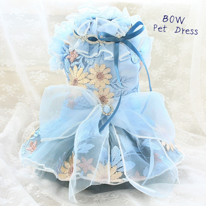 

Free Shipping Handmade Dog Clothes Embroider Flowers Light Blue Fairy Princess Dress Gown Cute Pet Outfit Maltese Yorkie Poodle