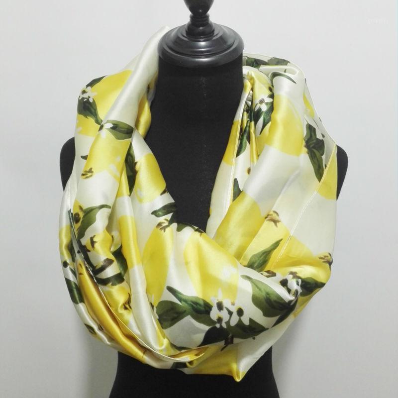 

Scarves Soft 100% Pure Silk Loop Scarfs Women Luxury Desigenr Lemon Print Infinity Shawls Foulard Hijab Head Brand 2021, Blue;gray
