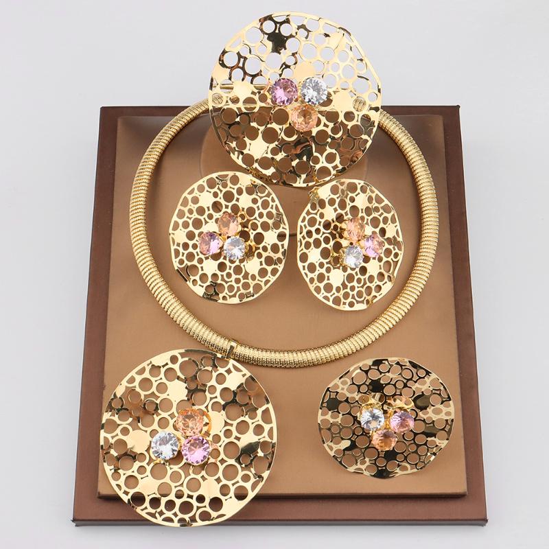 

Earrings & Necklace 5Pcs Trendy Engagement Wedding Jewelry Dubai African Ladies Flower Ring Gold Plated Party Christmas Jewellery, Silver