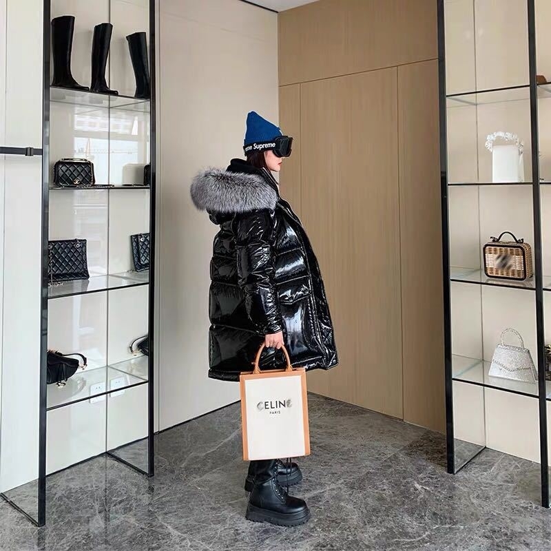 

Winter new medium and long jacket women's coat white duck down bright face thickened fox big fur collar, Black