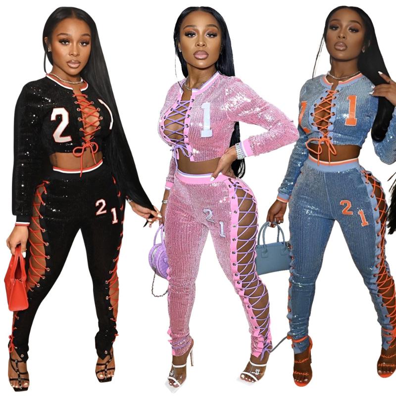 

Women' Two Piece Pants Sexy Bling Sequin Club Outfits For Women Cut Out Lace Up Bandage Crop Top Matching Sets Jacket Coat+Skinny, Black