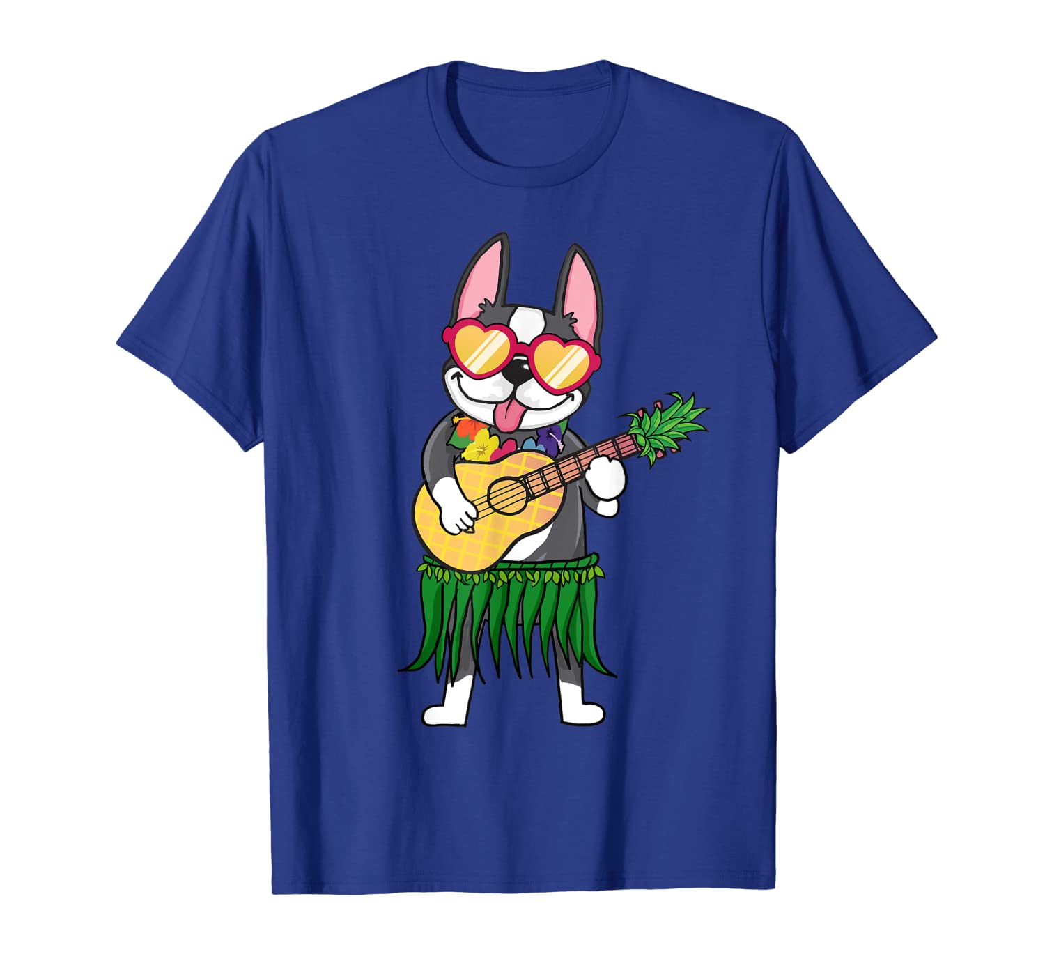 

Boston Terrier Hawaiian Costume Playing Ukulele Summer Shirt, White;black