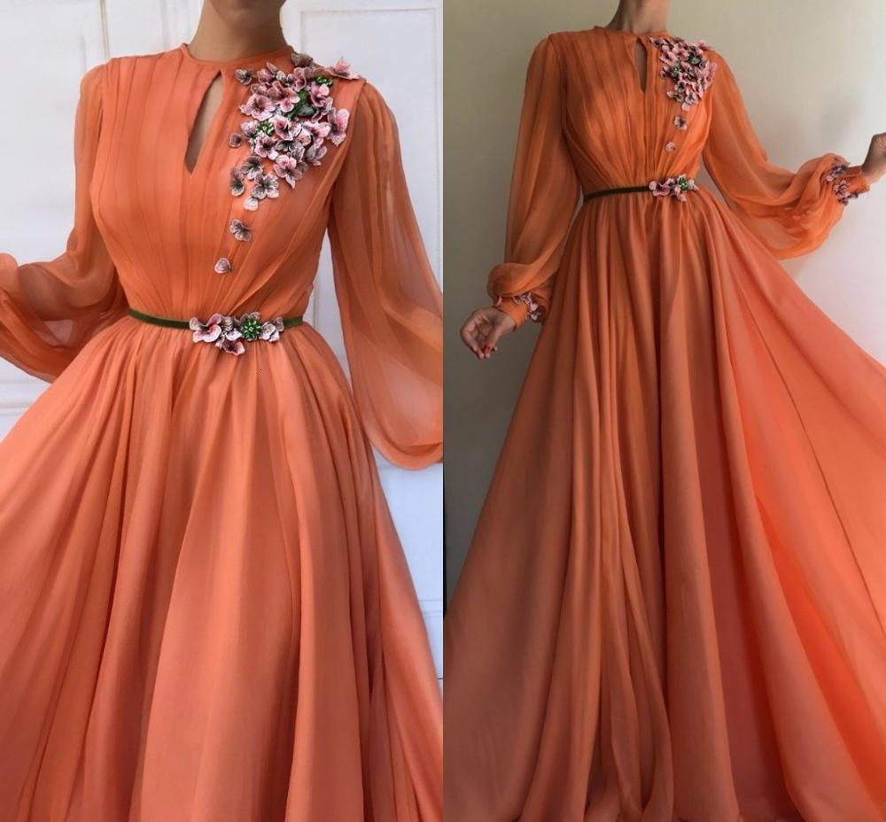 

2021 New Muslim Orange Sleeves 3d Flowers Dubai Evening Es A-line Chiffon Islamic Saudi Arabic Long Prom Gown Robe De Soiree 3mp6, Blue