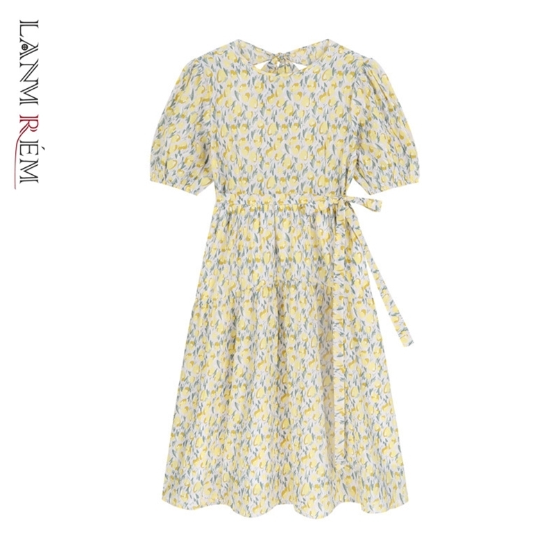 

Printed Dress Women's Summer Floral Dresses With Belt Round Neck Short Sleeve Large Size Female Fashion 2D3652 210526, Yellow flowers