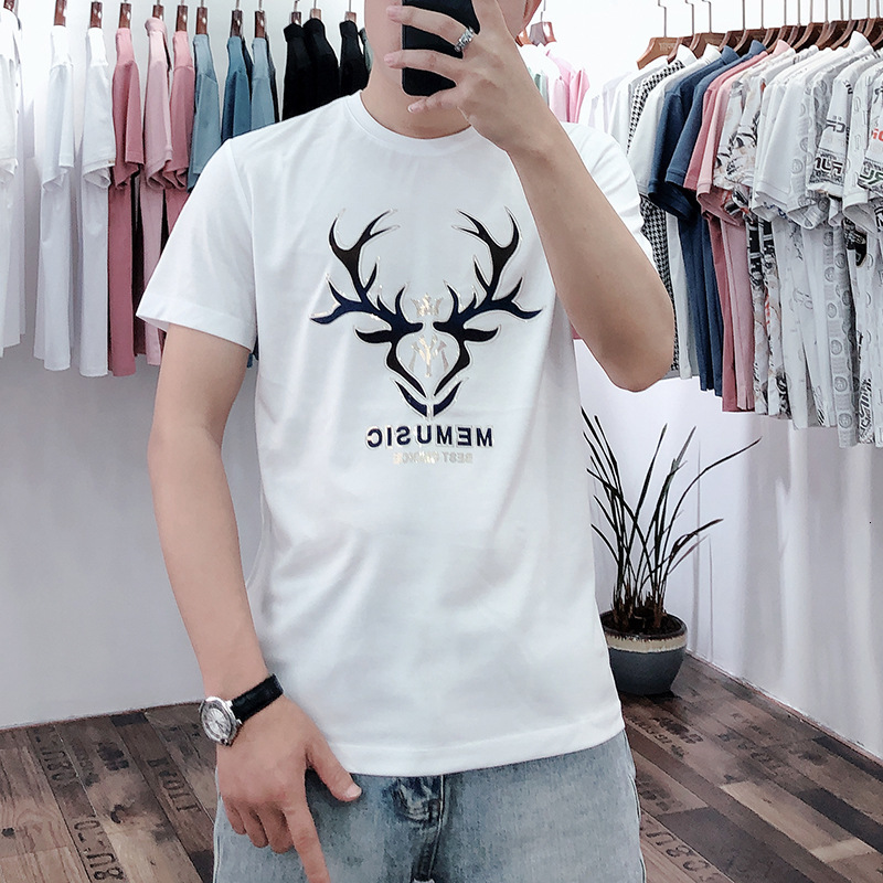

Korean men's street trend laser pattern summer white thin youth leisure round neck cotton short sleeve t-shirt