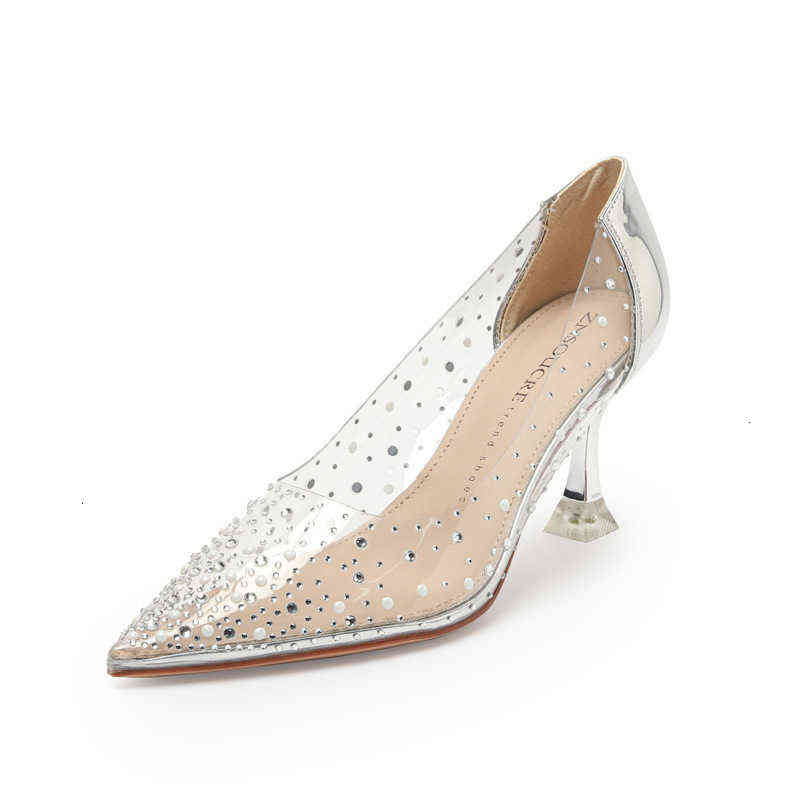 

9976-1 Transparent High Heels Women's Thin Heel Sexy Pointed Net Red Diamond Single Sho Wedding, Champagne