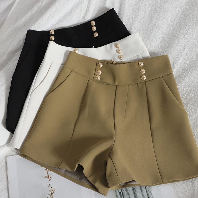 

Fashion loose wide-leg shorts women spring Korean elegant shorts female double-breasted high-waist straight-leg Shorts womens Q0131, White;black