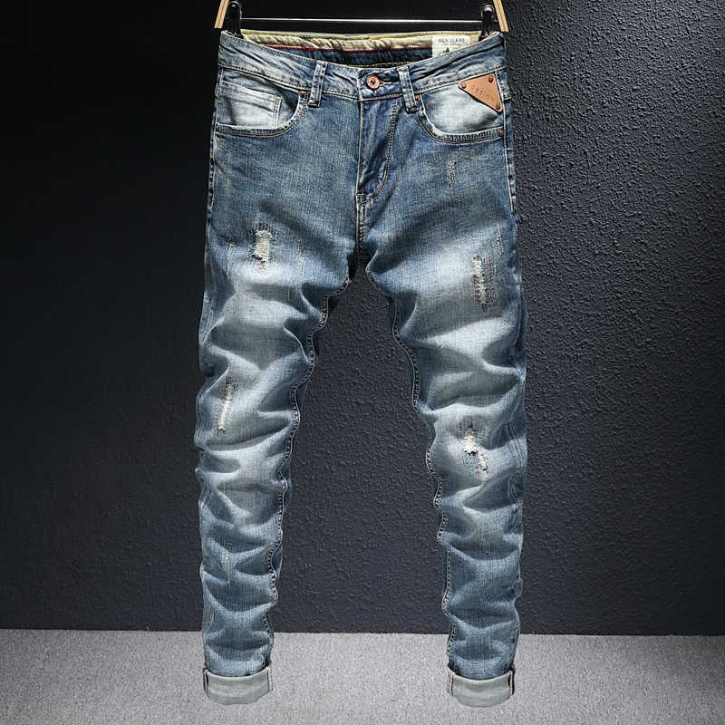 

Italian Style Fashion Men Jeans High Quality Retro Blue Elastic Cotton Ripped for Vintage Designer Slim Denim Pants YN86