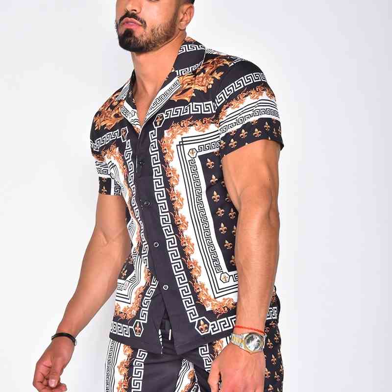 Summer Fashion Short Mouwen Sets Printed Revers Single-Breasted Shirt Men Hawaiian Beach Casual Shorts Suits 2-piece-image-703026092