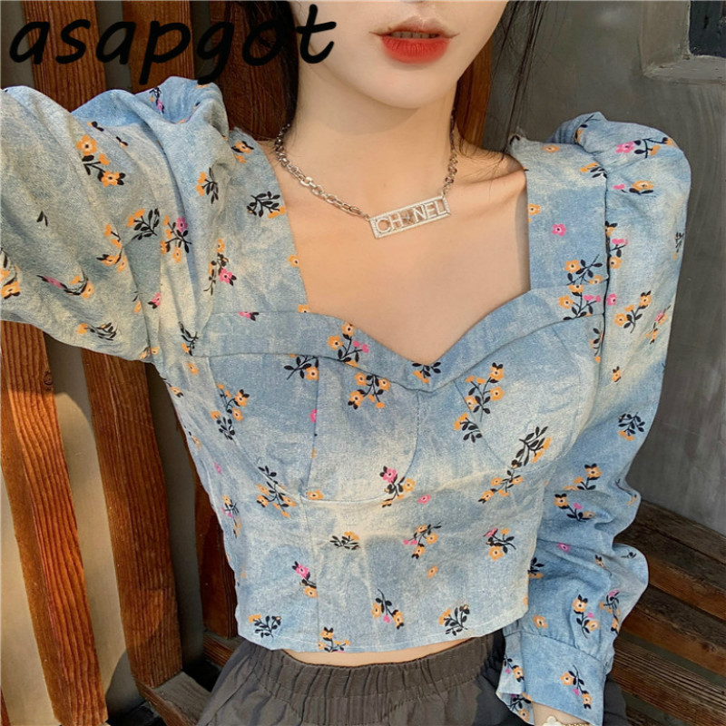 Korean Chic New Vintage Floral Printed Square Neck Blouse Women Short Slim Puff Long Sleeve Denim Shirts Fashion Casual 210225Z