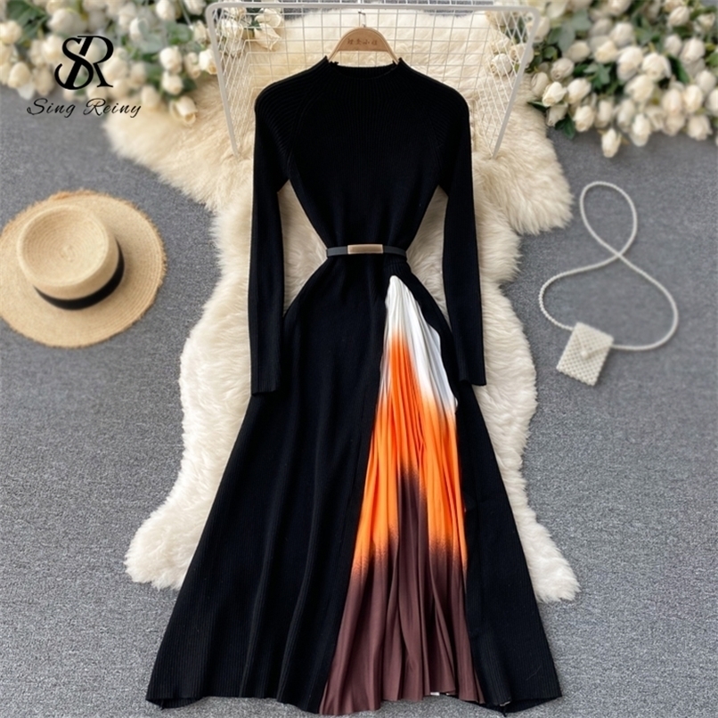 

SINGREINY Women Elegant French Dress Design Splice Gradient Pleated A-line Knitted Dresses Autumn Fashion Streetwear Midi Dress 220310, Black-butterfly