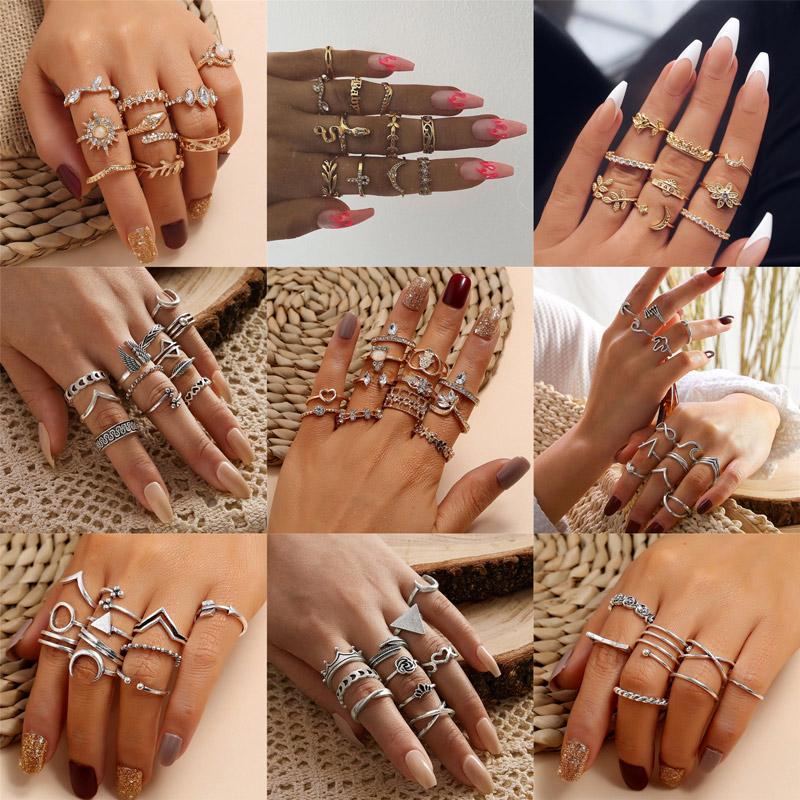 

Cluster Rings Modyle Bohemian Women Anise Star Crown Cross Snake Geometry Crystal Joint Gold Ring Set Personality Lady Wedding Jewelry