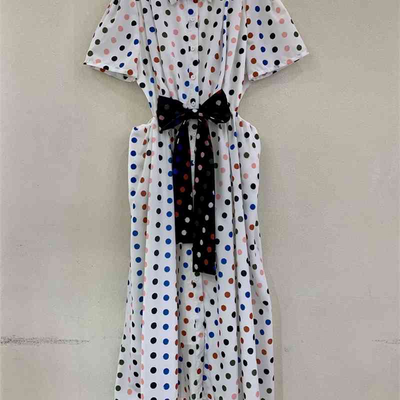 

Truevoker European High Street Designer Dress Lady Short Sleeve Polka Dot Print Hepburn Vestidos Waist Cutout Pocket Robe 210602, Ivory
