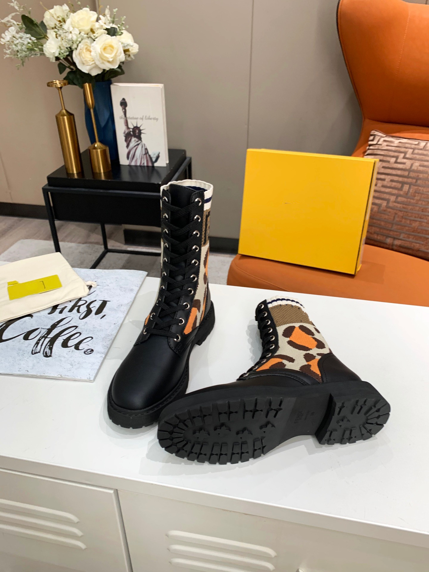 

boots autumn and winter 2021 fashion all-match mid-heel booties high-top women's boot European American thin feet printed socks shoes size 35-40, Black