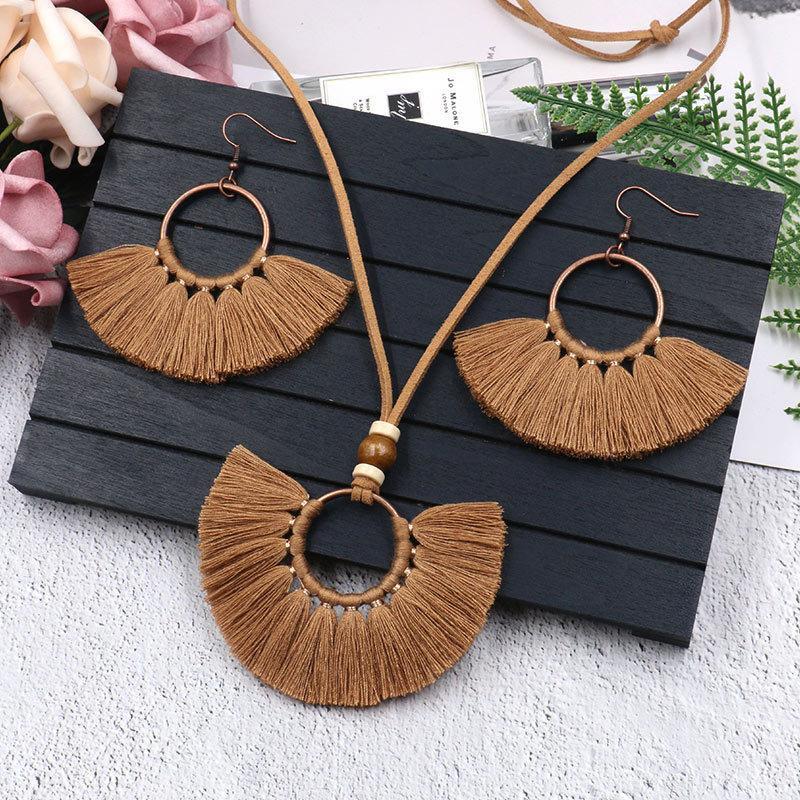 

Earrings & Necklace Bohemia Color Cotton Tassel Fringe Jewelry Set Charm Necklaces For Women Vintage Circle Round Ears Cuff Long, Silver