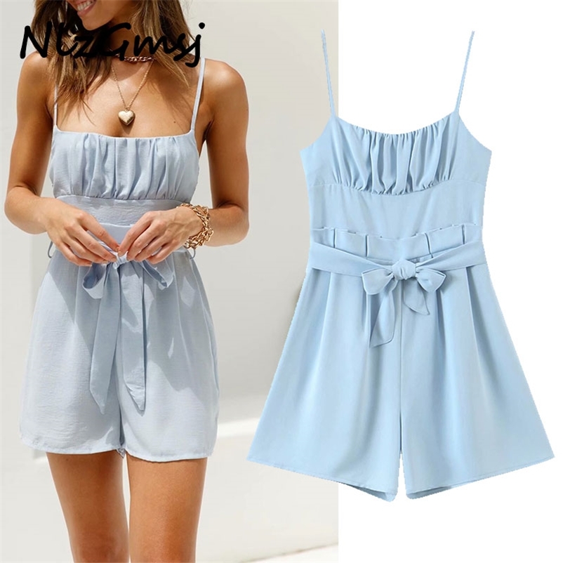 

Jumpsuit Women Vintage Blue Summer Playsuits Spaghetti Strap Rompers Ladies Casual Chic Overalls 03 210628, As picture