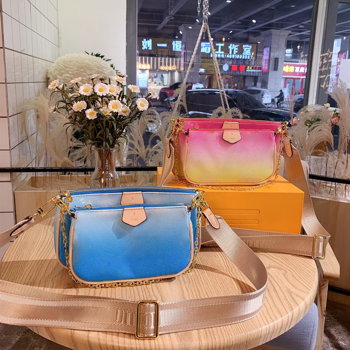 

Cowhide Gradient Print Pochette Multi 3pcs Shoulder Crossbody Bags Lady Chain Purse Women Designer Handbags Fashion Messenger Bag Clutch Wallets + Coin Purses, Add box