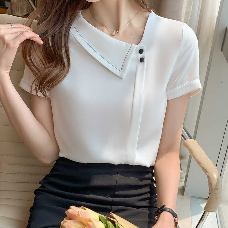 

Women' Shirt Chiffon Solid Blouse for Women Short Sleeve Female Top White Skew Collar Woman  210604