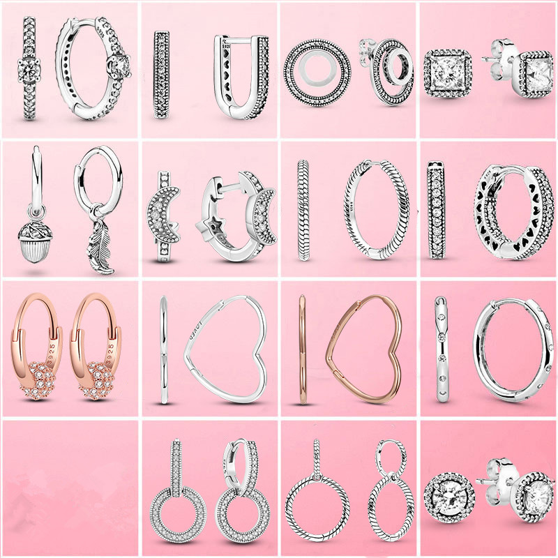 

Real 925 Sterling Silver Daisy Pave Moon & Star Earring Round Hoop Stud Earrings For Women Jewelry Gift For Wife