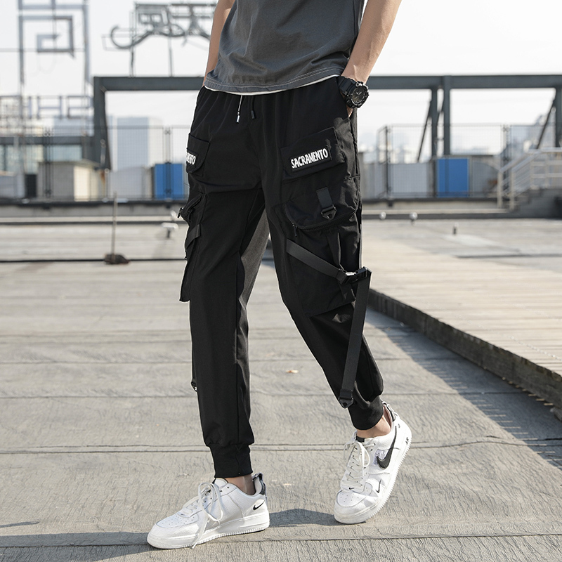 

New Men's Block Black Pocket Ribbons Cargo Pants 2021 Harem Harajuku Male Sweatpants Hip Hop Corridors 6co0
