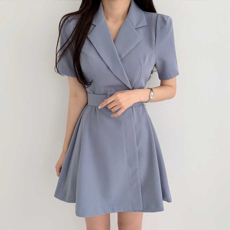 

Elegant Notched Collar Blazer Mini Dress With Sashes Summer Ladies Short Sleeve A-Line Party Dresses Female 210526, Photo color