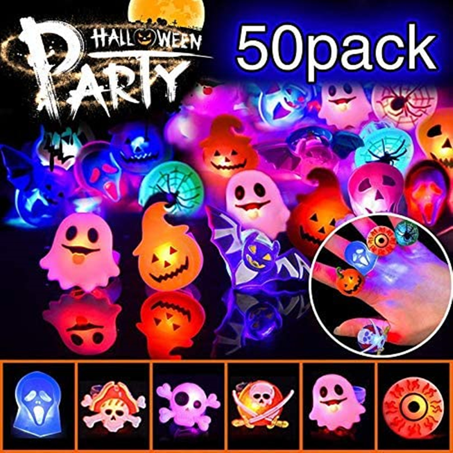 

Halloween Party Favor LED Light Up Ring for Kids Adults Flash Finger Rings Birthday Blinking Soft Toy Rubber Ghost Pumpkin Skeleton 50pcs/box