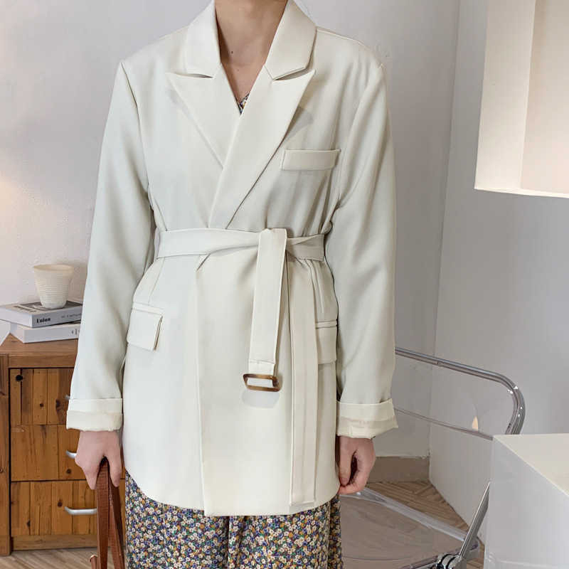 

Spring Women's Suit Jacket Chic White Long-sleeve Strap Korean Version Loose Casual Blazer Office Lady Female 210607, Beige