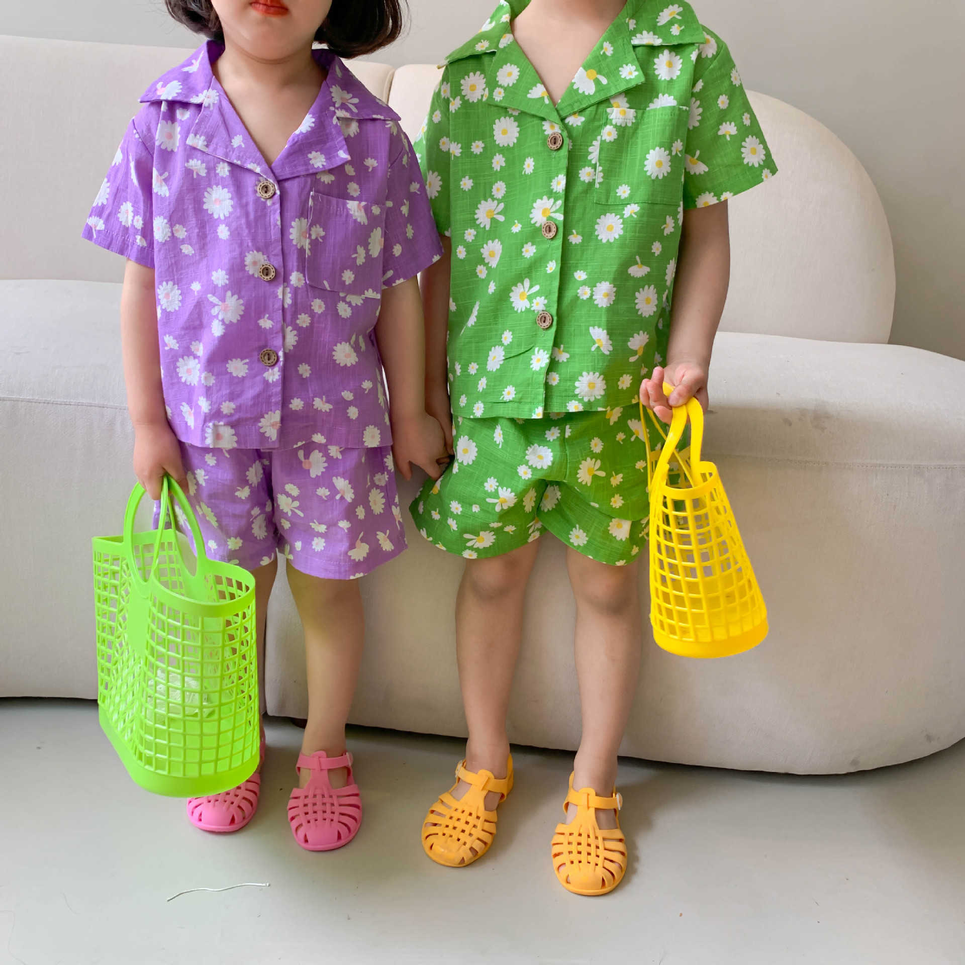 

Summer boys and girls cotton linen short sleeve T shirts shorts 2pcs suit unisex children outfits clothes 210615, Purple