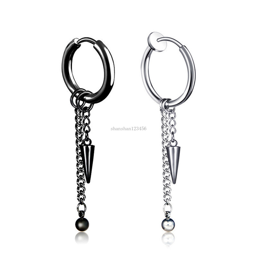 

Clip on Stainless Steel Cone Earrings Black Chain Tassel Hoop Earrings Ear Cuff for Women Men Fashion Jewelry Will and Sandy gift, Silver