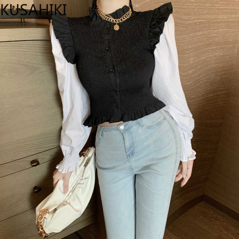 

Korean Stretch Pleated Slim Blouse Shirt Hit Color Patchwork Long Sleeve Stand Neck Tops Spring Blusas Mujer 6E276 210603, Pic color