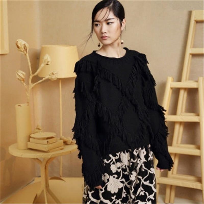 

Women's Sweaters 100%hand Made Pure Wool Oneck Knit Women Streetwear Solid H-straight Argyle Tassel Short Pullover Sweater One&over Size, Black