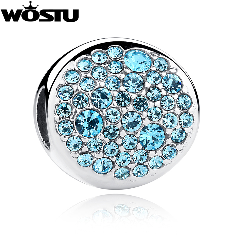 

Real 925 Sterling Soild Silver Round Charm Beads With Blue CZ Fit Original WST Bracelet Bangle Authentic DIY Jewelry Gift Q0531