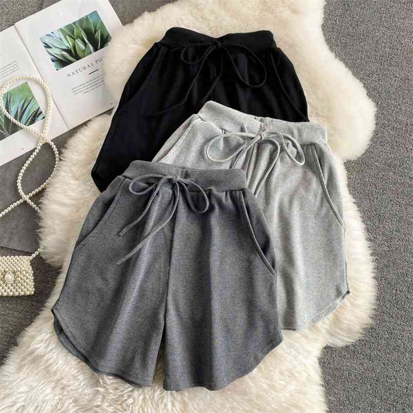

Drawstring Elastic Waist Casual Shorts Women Summer Korean Fashion Solid Loose Short Pants Knitted Sports Home 210603, Gray