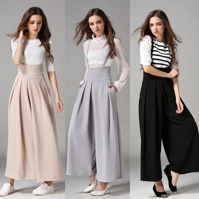 

3w#Women Casual bodysuit Women Summer Casual Pleated High Waisted Wide Leg Palazzo Suspenders Trousers fashion new, Grey