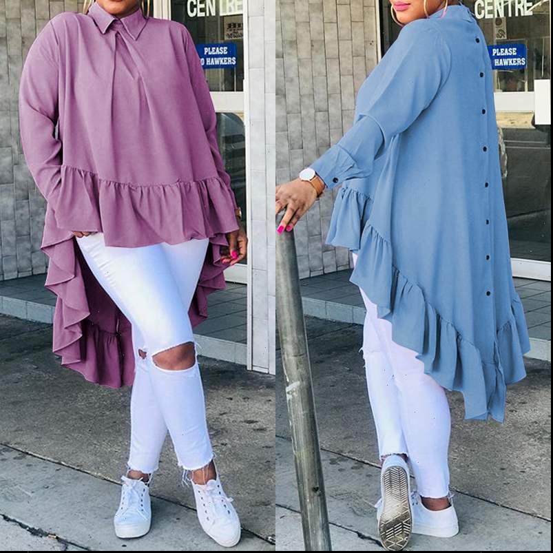 

celmia womens blouses women stylish lapel collar shirt soild back button ruffled hem long sleeve blouse casual plus size, White