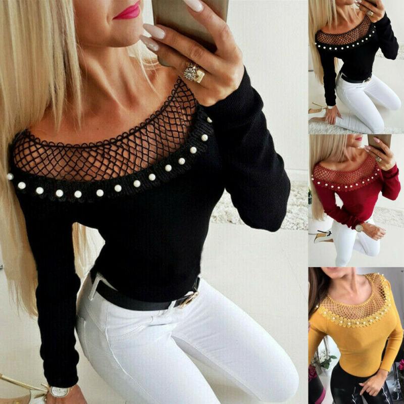 

Women' Sweaters Sexy Fashion Lace Beading Sweater Long Sleeve Tops Slim Fit Pullovers, Black