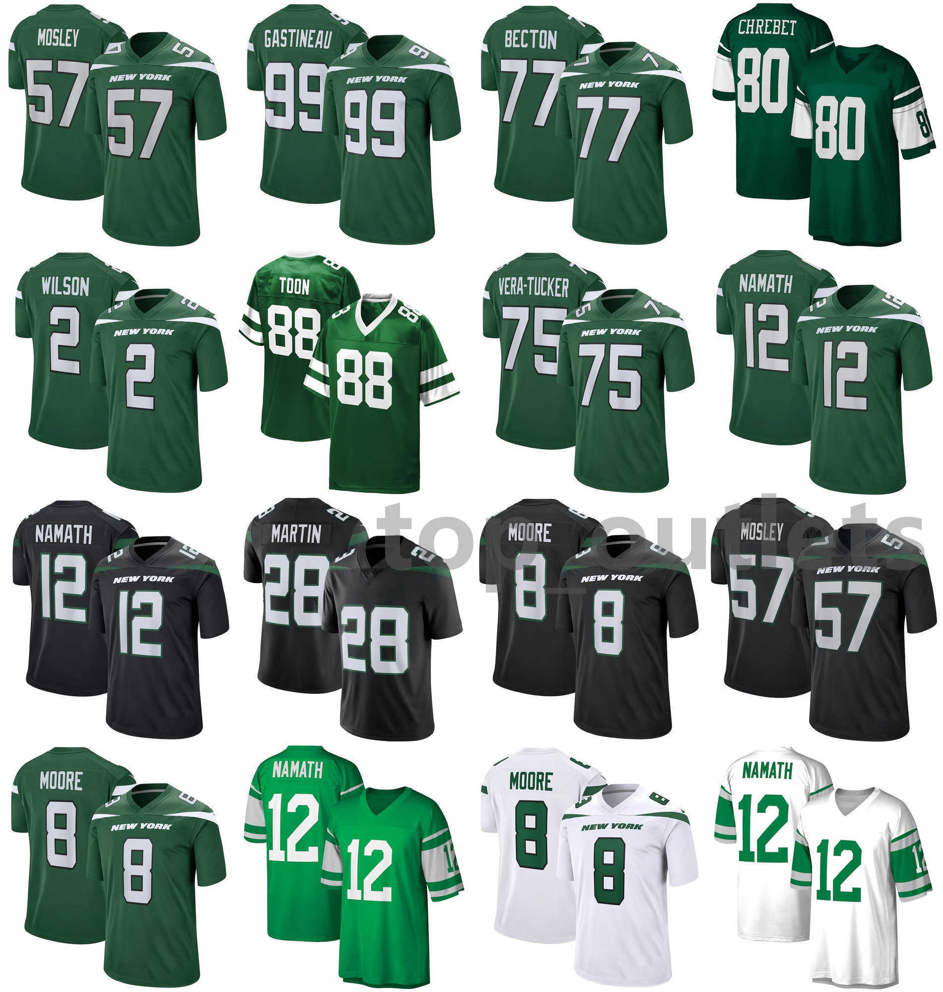 

2021 New York Jets American Football Jerseys Al 88 Toon Jersey Alijah 75 Vera-Tucker C.J. 57 Mosley Curtis 28 Martin Elijah 8 Moore Joe 12 Namath Mark 99 Gastineau Stitched, As photo