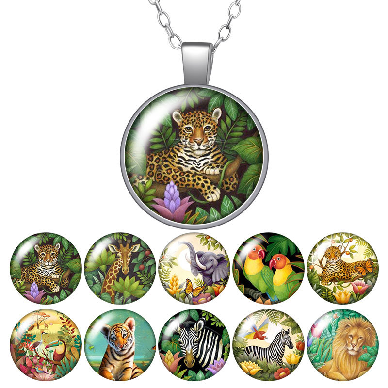 

Forest Animals Tiger Leopard Elephant Round Pendant Necklace 25mm Glass Cabochon Silver Color Jewelry Women Birthday Gift 50cm