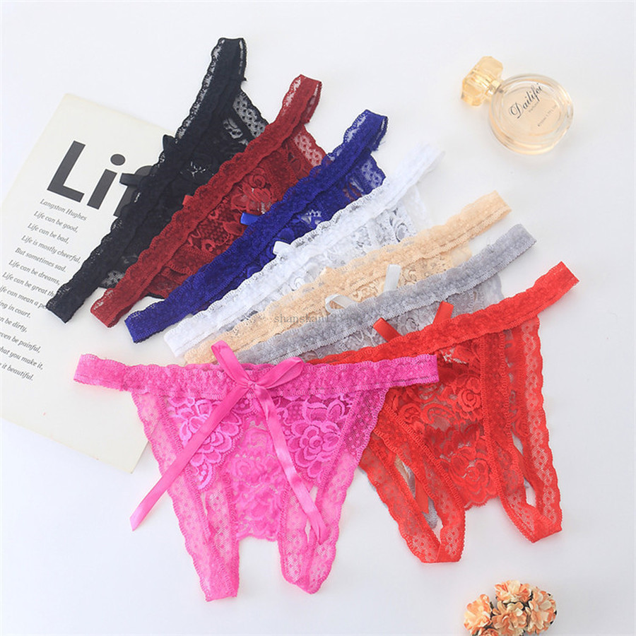 

Sexy Butt baring bikini panties See through Open Crotch panties Lace bowknot underwear briefs T Back women clothes will and sandy