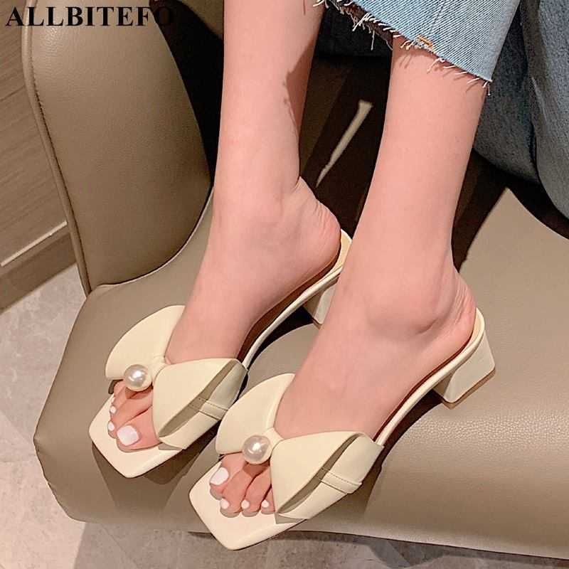 

ALLBITEFO Fashion bow design real genuine leather women slippers cool summer shoes sweet sexy women heels sandals flip flops 210611, As picture